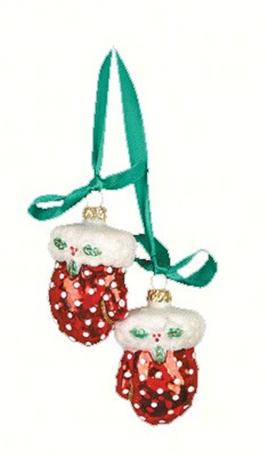 COBANEC326 - Margaret Cobane Hand Painted Mitten Red Polka Dot Glass Ornament