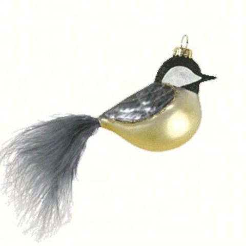 COBANEC305 - Margaret Cobane Hand Painted Chickadee with Feather Tail Glass Ornament